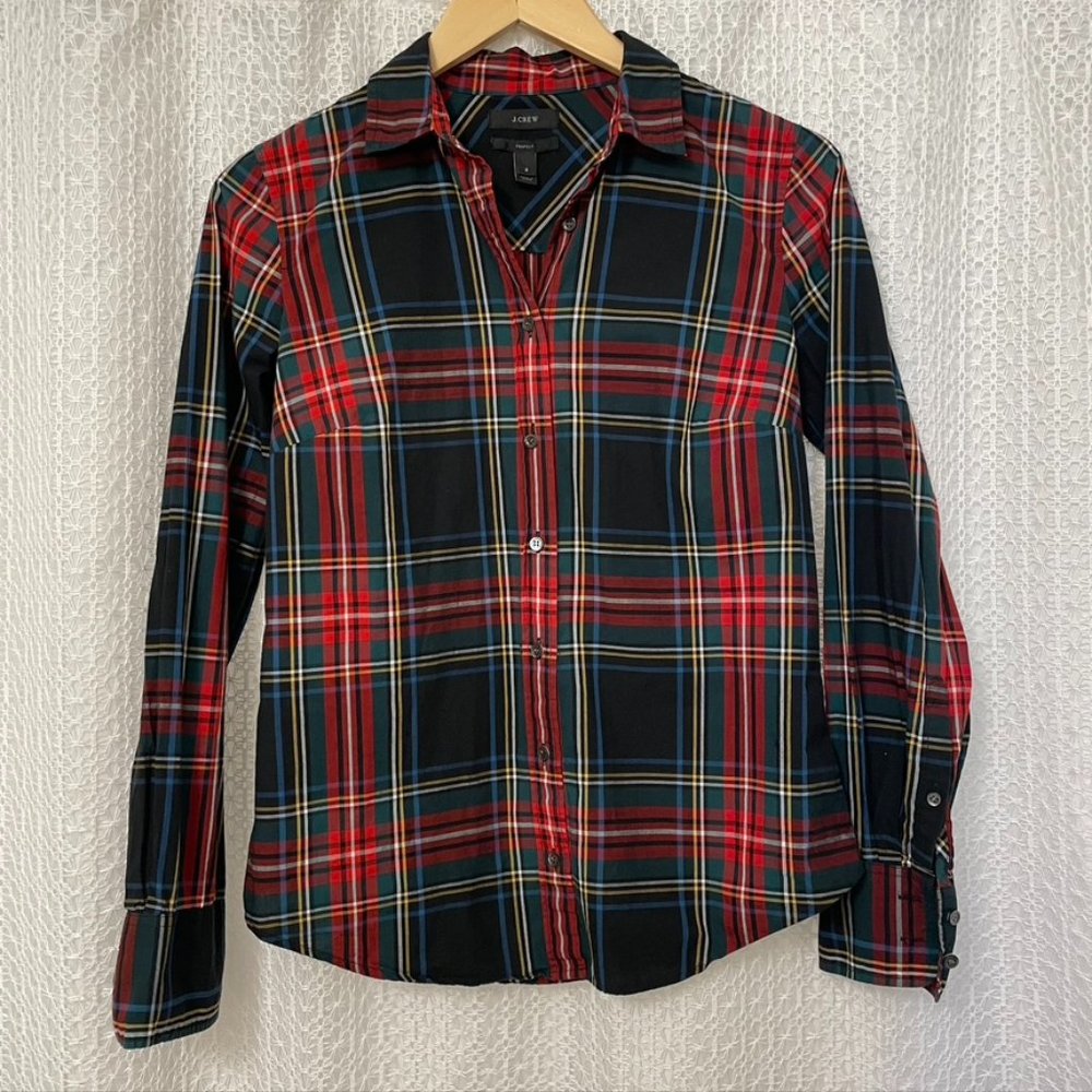 J. Crew - Women's Perfect Fit Plaid Button Up Cotton Long Sleeve Dress Shirt - 2